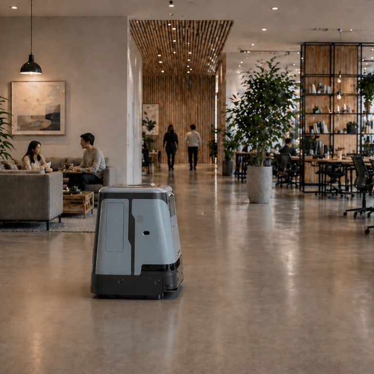 FloorBotics Quad 500 cleaning robot in a commercial building lobby
