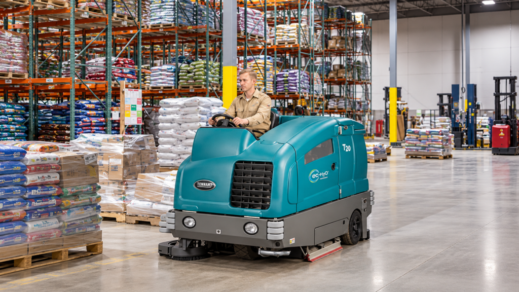 Tennant T20 ride-on industrial floor scrubber cleaning a concrete warehouse floor surrounded by storage racks and pallets.