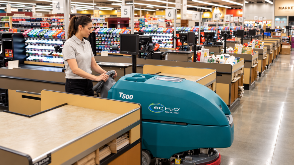 Tennant T500 walk-behind floor scrubber cleaning tiled floors in a supermarket checkout area.
