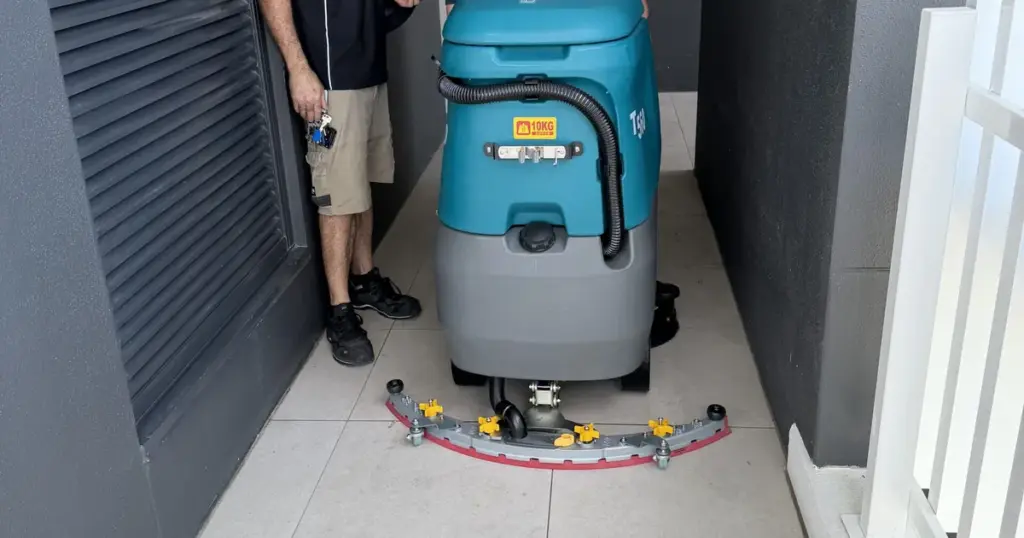 CC Machines technician delivering a Tennant T300 walk-behind floor scrubber for hire in Brisbane