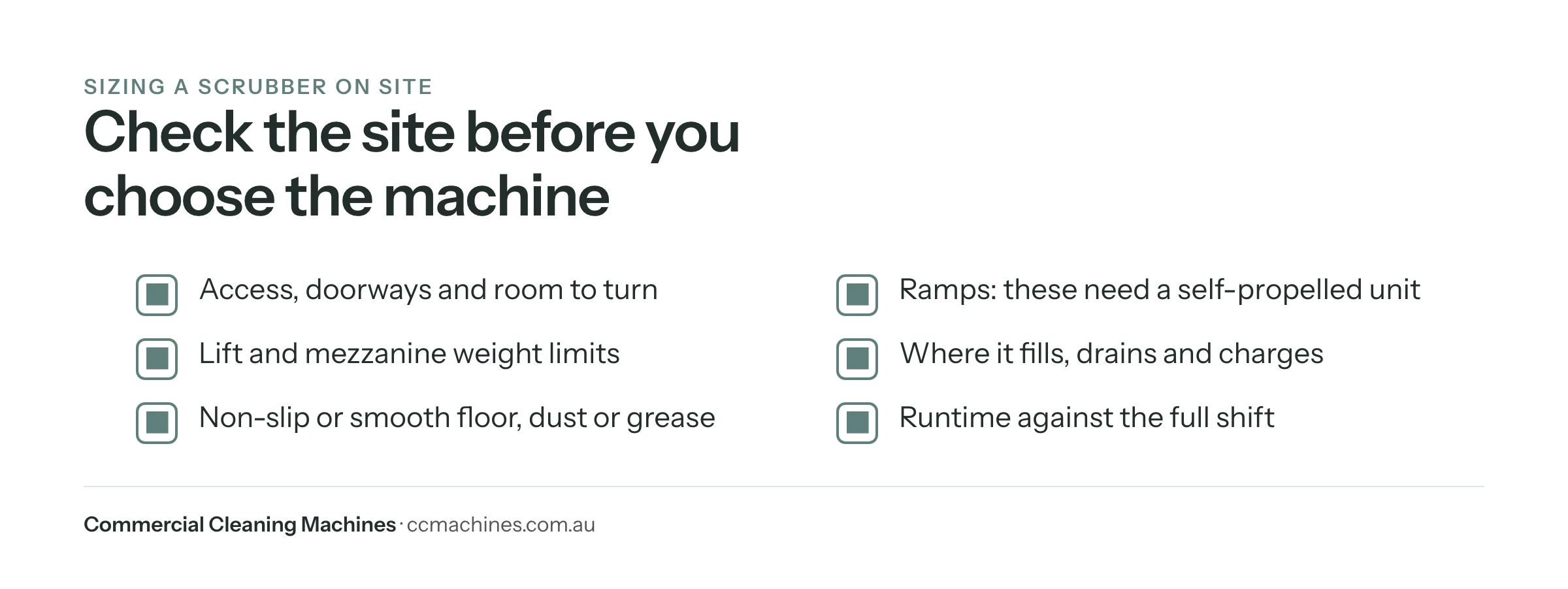 Checklist used to size a floor scrubber on a site walk